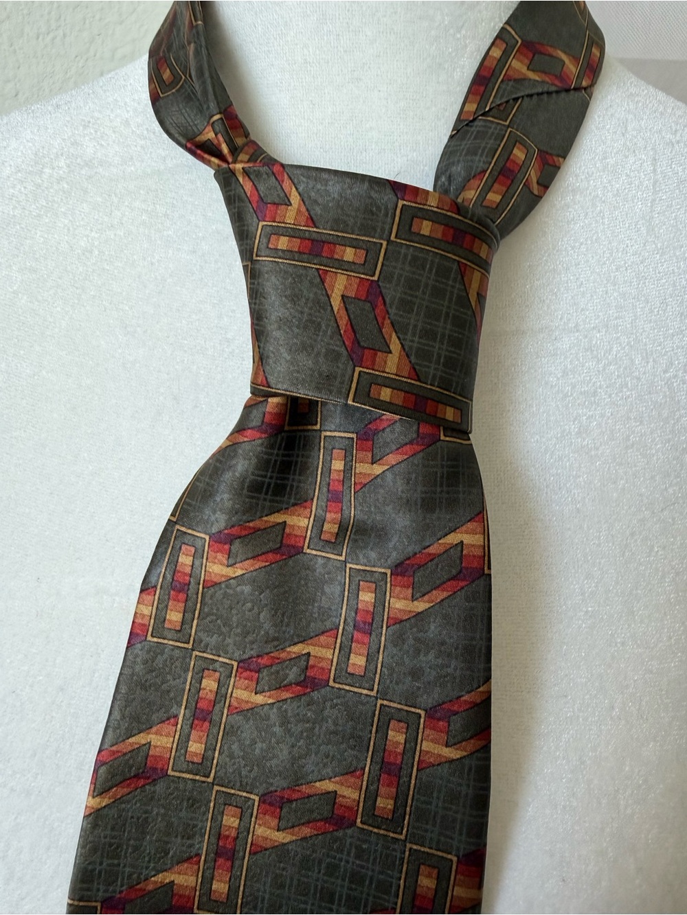 Vintage Louis Feraud Geometric Print Tie with Red and Gold Accents